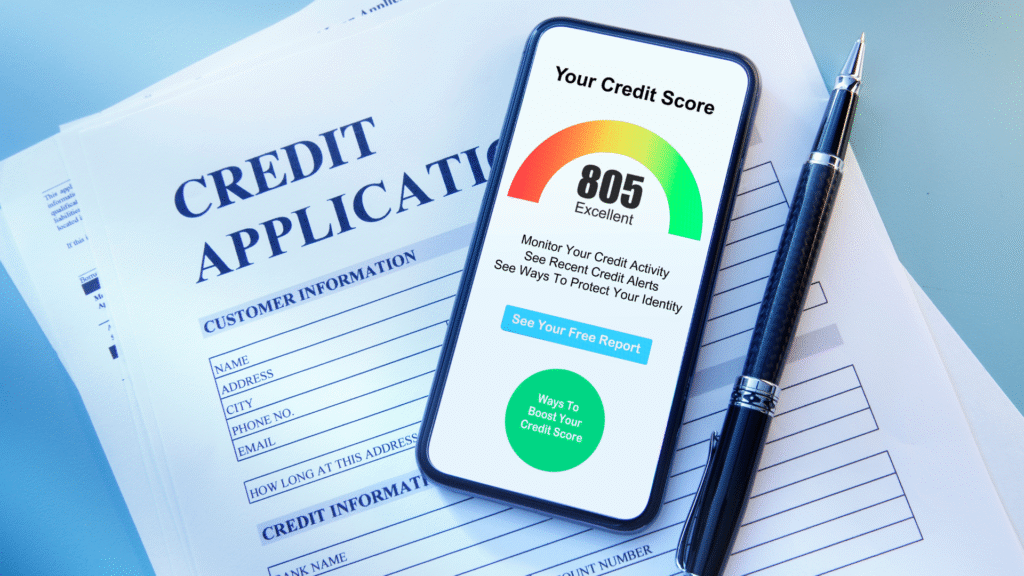 Smartphone showing a credit score of 805 on a colorful gauge next to a credit application form and a pen.