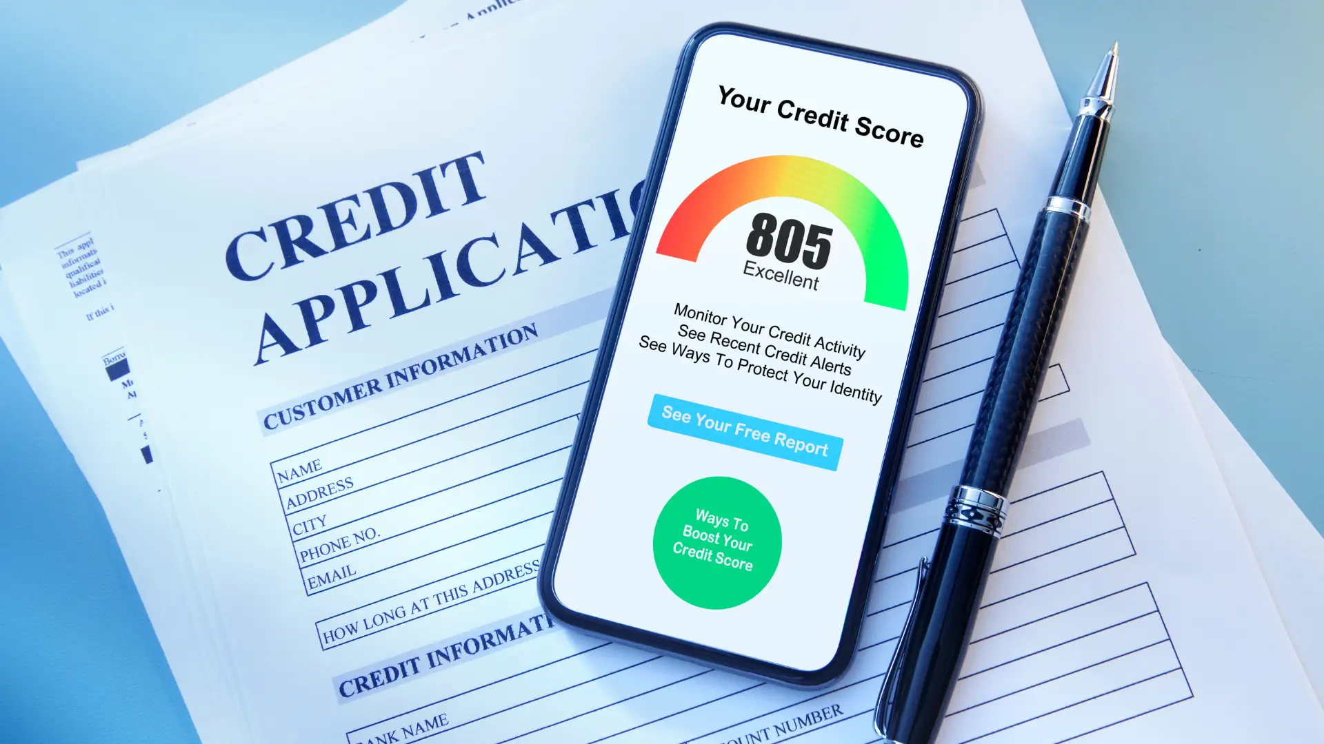 Smartphone showing a credit score of 805 on a colorful gauge next to a credit application form and a pen.