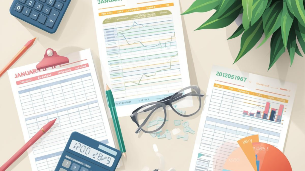January accounting tasks with financial records and calendar charts, calculator keypad, eyeglasses, graphs, and green plant leaves on a desk