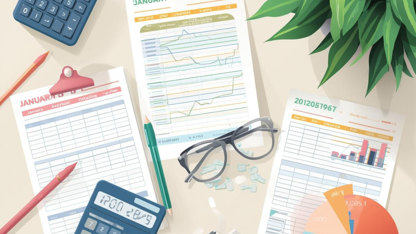 January accounting tasks with financial records and calendar charts, calculator keypad, eyeglasses, graphs, and green plant leaves on a desk