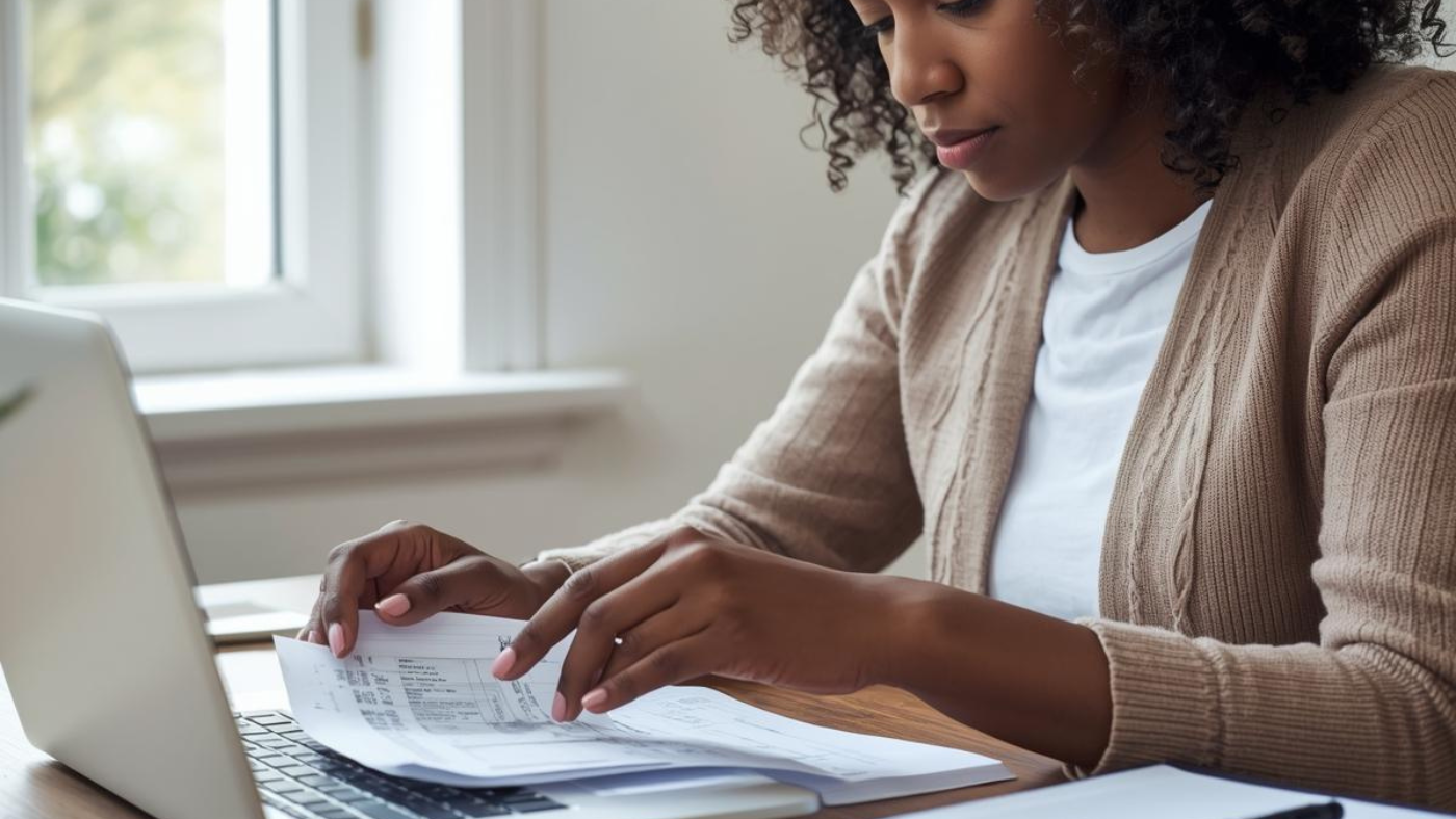 Gina Webb Accounting: a woman in a brown cardigan sits at a desk, reviewing printed accounting papers beside a laptop, focused on January personal accounting documents