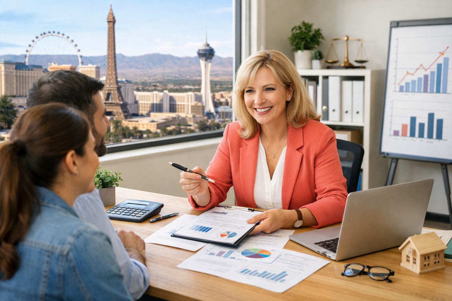 Gina Webb Accounting consultant with blonde hair wearing a coral blazer, discussing charts at a desk with a laptop, Las Vegas skyline visible through the window