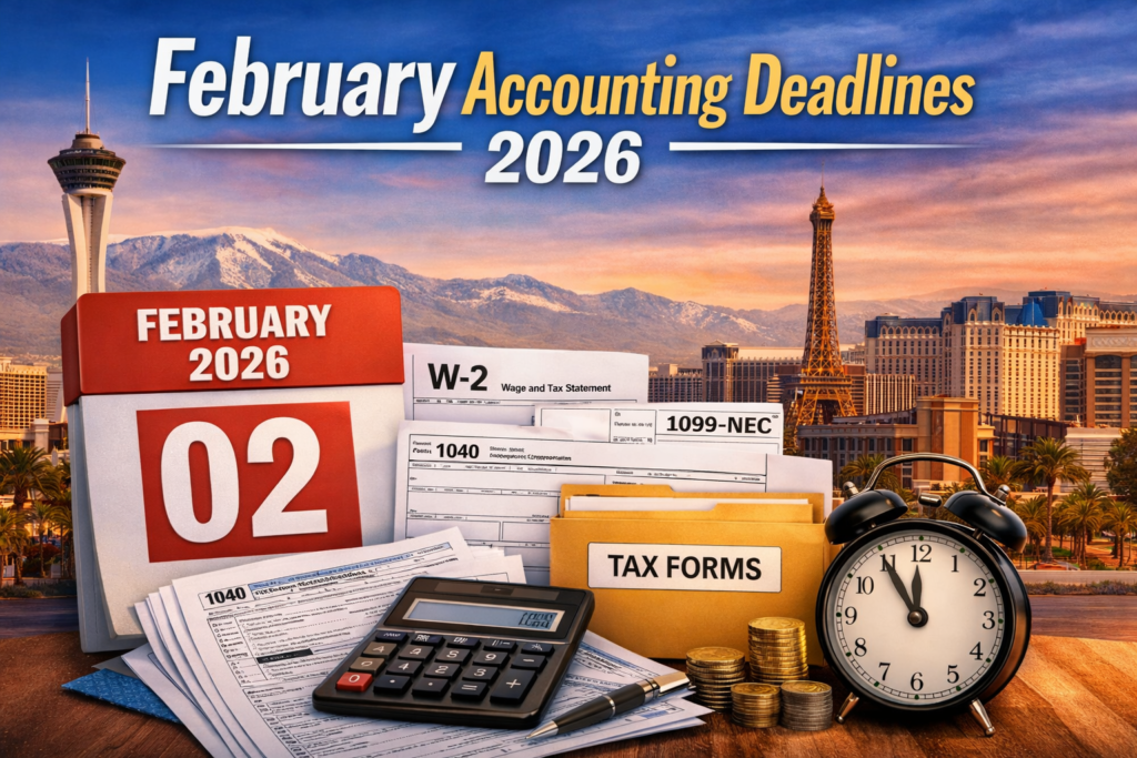 February 2026 tax deadlines scene featuring a red February calendar, W-2 and 1099-NEC forms, a yellow tax forms folder, calculator, stack of coins, and a black alarm clock.