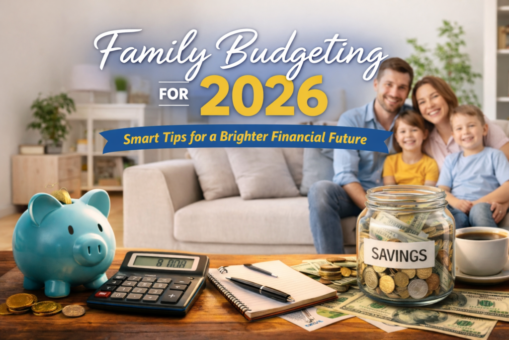 Gina Webb Accounting inspired scene showing a family budgeting vibe for 2026, featuring a blue glass savings jar, a piggy bank, a calculator, notebook, and coins