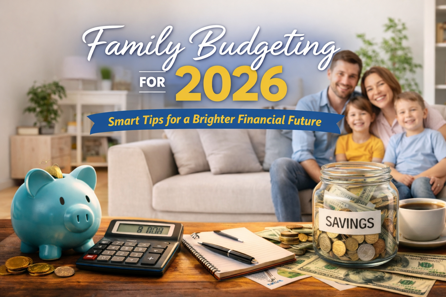 Gina Webb Accounting inspired scene showing a family budgeting vibe for 2026, featuring a blue glass savings jar, a piggy bank, a calculator, notebook, and coins