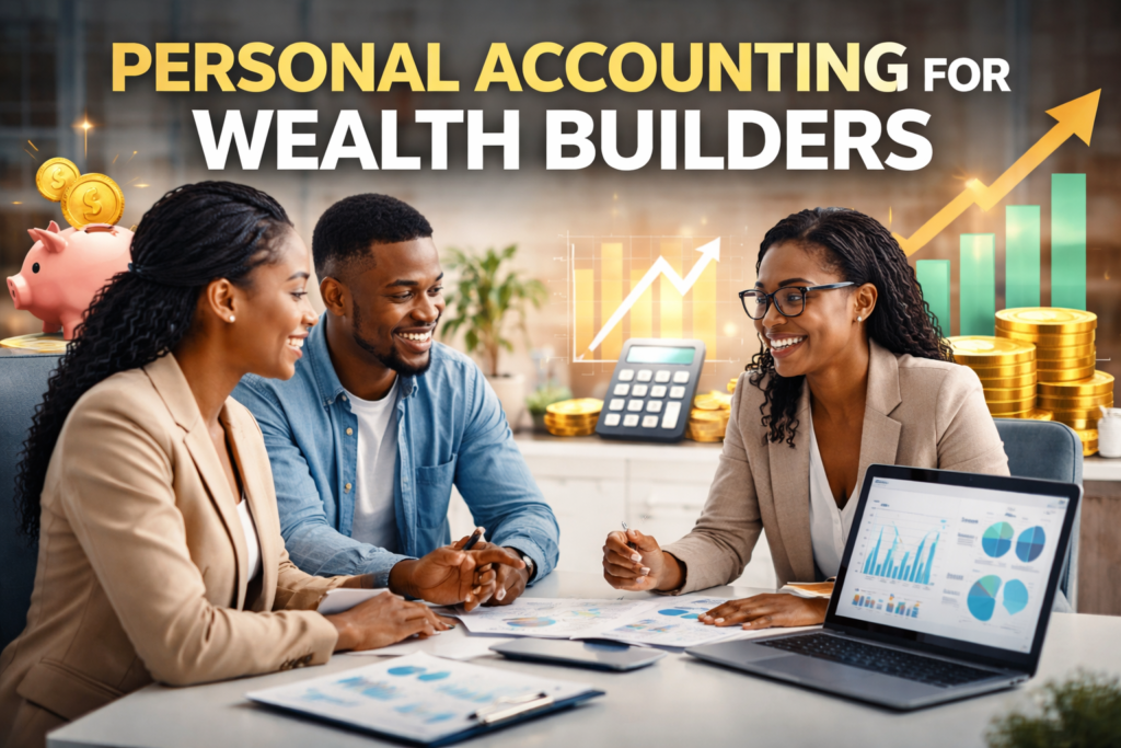 Three professionals collaborate over financial charts at a desk, with a laptop showing graphs and stacks of gold coins in the background, associated with Gina Webb Accounting and wealth-building planning.