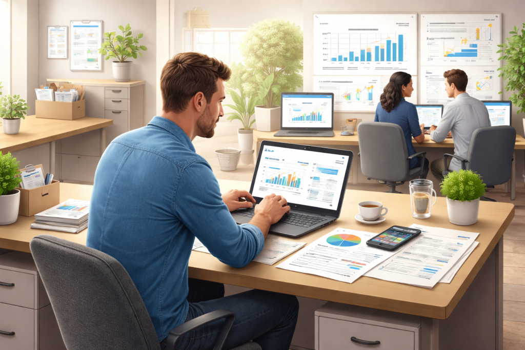 Gina Webb Accounting bookkeeping cost breakdown: office workstations with laptops showing blue financial charts, reports, and bookkeeping documents on desks