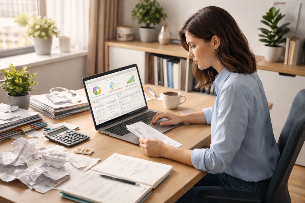 Bookkeeping books are a mess—accounting software on a laptop with colorful charts, scattered documents on an office desk during tax season work