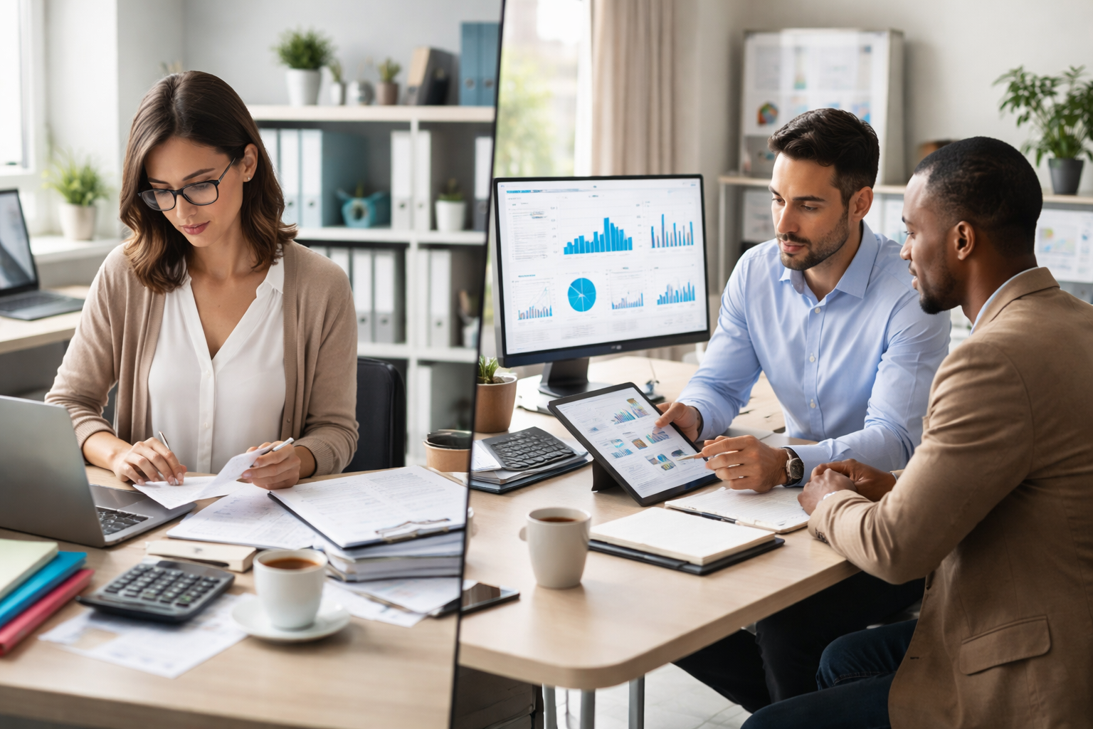 Accountant vs bookkeeper team reviewing financial reports, office desk with calculators, documents, and computer screens showing blue charts and graphs