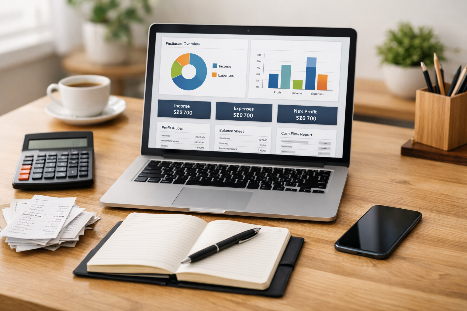 Accounting system for small business with income and expenses dashboard charts on a laptop screen, pie chart and bar graph showing profitability metrics