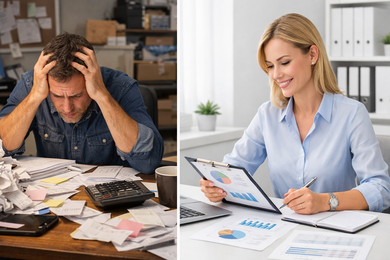 Split-screen showing an accountant in a blue shirt holding a clipboard with business charts, alongside a stressed bookkeeping scene with documents and calculator.