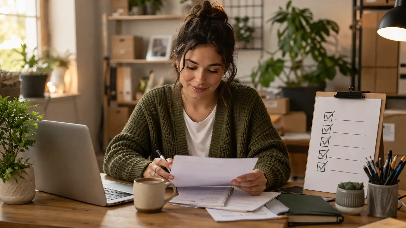 Natural light cozy workspace with a laptop and checkmarked monthly bookkeeping checklist pages by Gina Webb Accounting, warm wooden desk, green cardigan