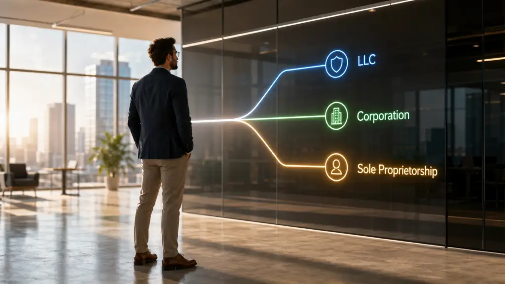 A man in a modern office considers LLC, Corporation, and Sole Proprietorship options for business entity structure selection on a glass wall.