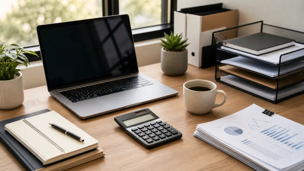 A minimalist home office with natural light shows a laptop, calculator, notebook, coffee, and financial reports for organizing business finances.