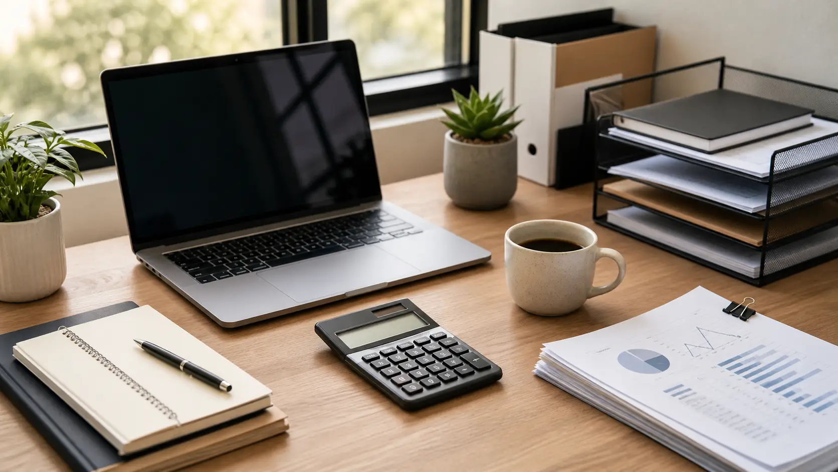 A minimalist home office with natural light shows a laptop, calculator, notebook, coffee, and financial reports for organizing business finances.