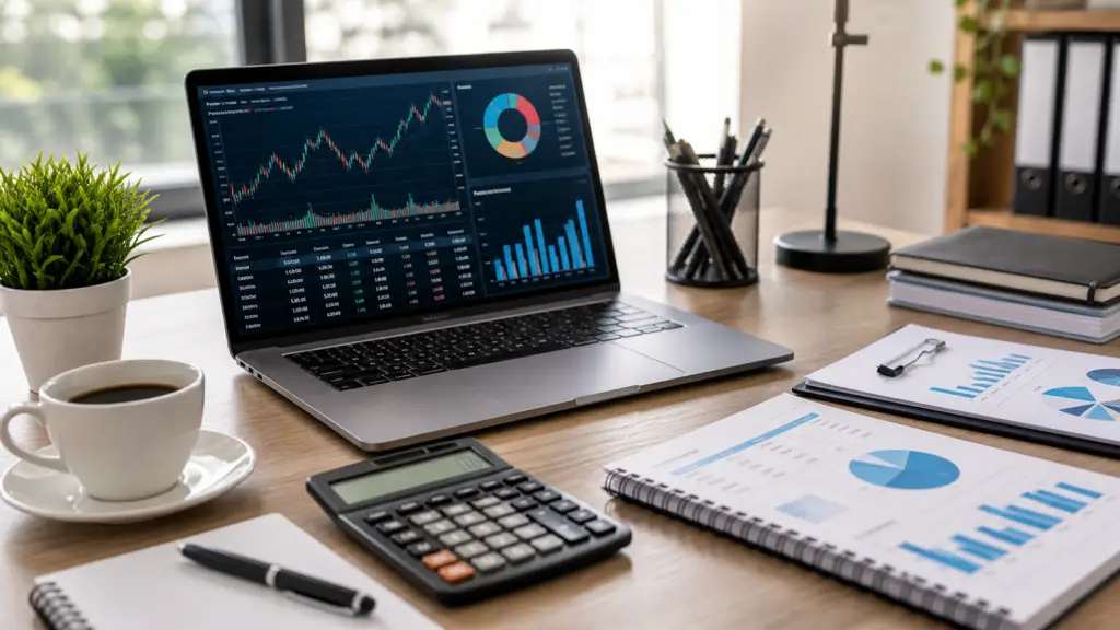 A modern desk with a laptop showing financial charts, a calculator, spreadsheets, and office tools supports cash vs accrual accounting analysis.