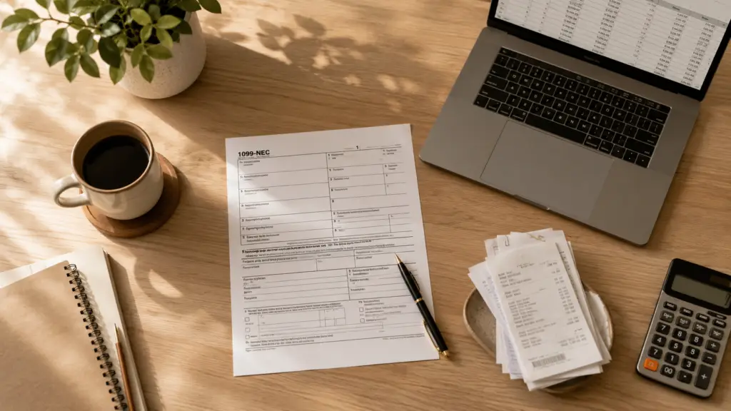 A 1099-NEC form, coffee, receipts, calculator and laptop sit on a sunlit desk beside a notebook and pen, suggesting freelance tax work at month-end.