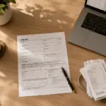 A 1099-NEC form, coffee, receipts, calculator and laptop sit on a sunlit desk beside a notebook and pen, suggesting freelance tax work at month-end.