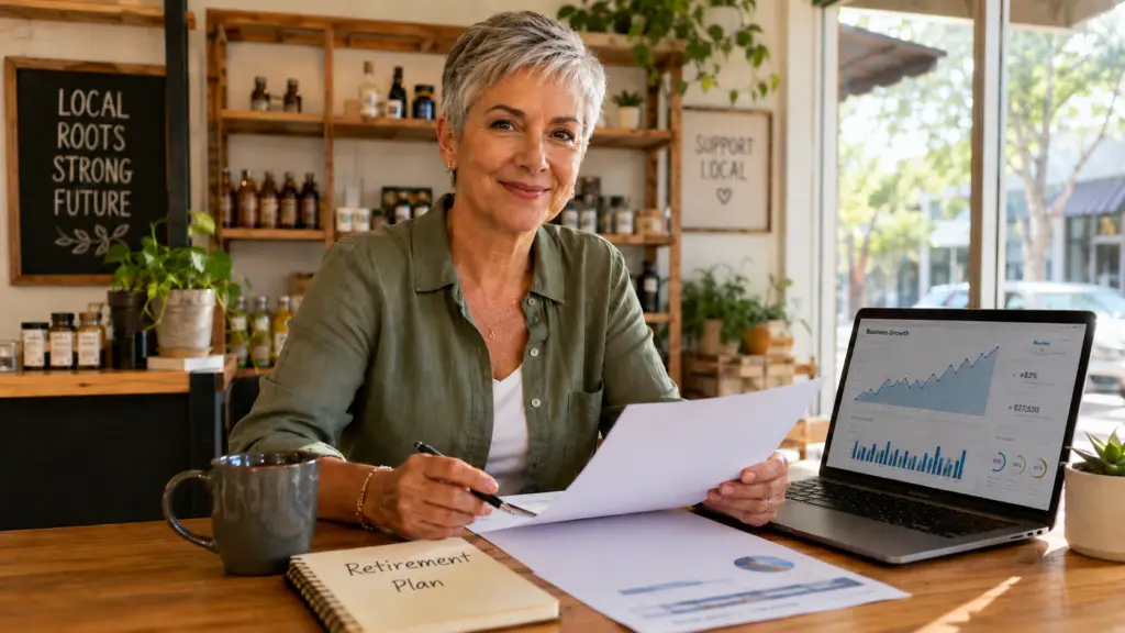 A small business owner reviews a retirement plan with financial charts, papers and a laptop while seated in a cozy café workspace.