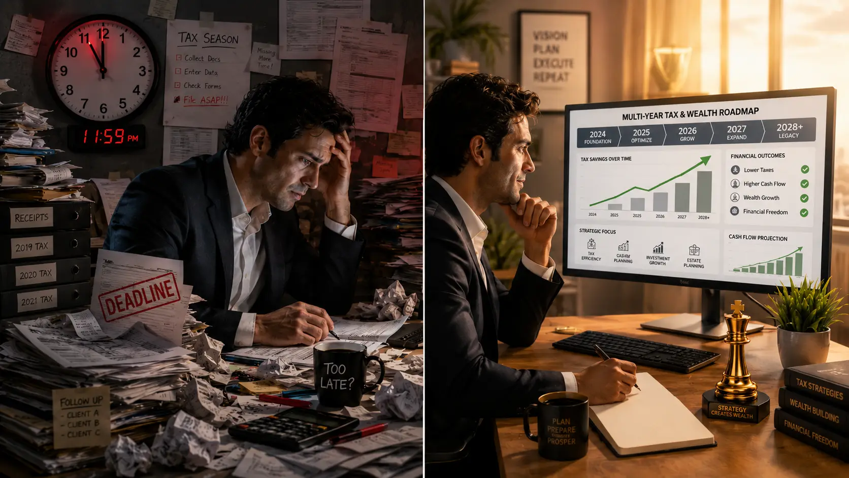 A split-screen comparison shows tax preparation chaos on one side and a proactive tax planning strategy on the other, with deadlines, notes, and growth charts.