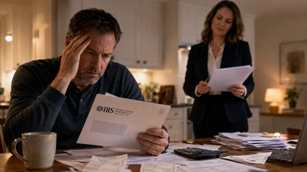 A stressed man reads an IRS audit notice at a table while an accountant reviews financial paperwork in the background, with receipts scattered nearby.