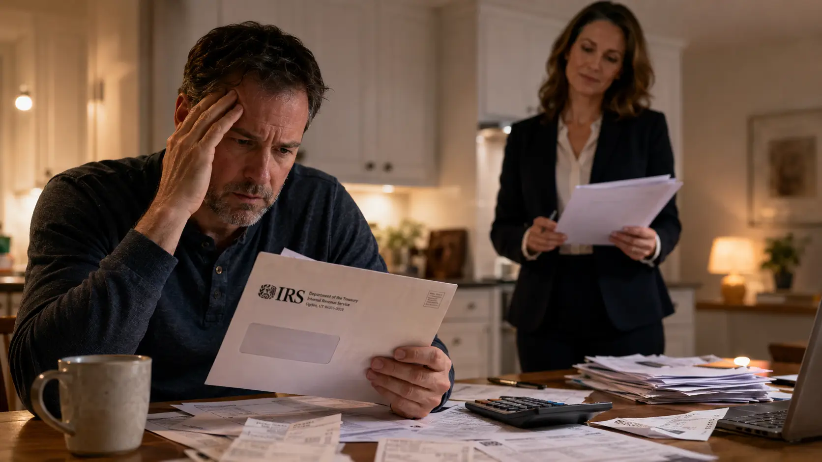 A stressed man reads an IRS audit notice at a table while an accountant reviews financial paperwork in the background, with receipts scattered nearby.
