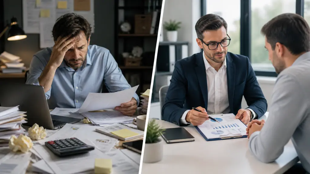 A stressed business owner reviews scattered bookkeeping papers beside a laptop, while an accountant discusses financial reports and charts in a calm office.