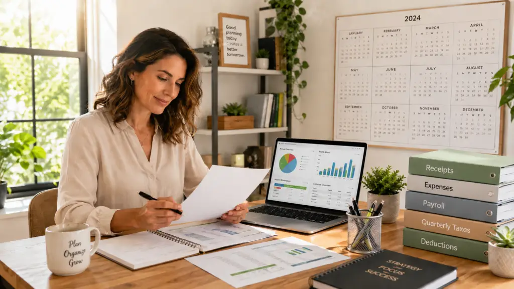 A business owner reviews tax reports beside a 2024 calendar, laptop charts, and labeled folders for receipts, payroll, deductions, and quarterly taxes.