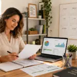A business owner reviews tax reports beside a 2024 calendar, laptop charts, and labeled folders for receipts, payroll, deductions, and quarterly taxes.