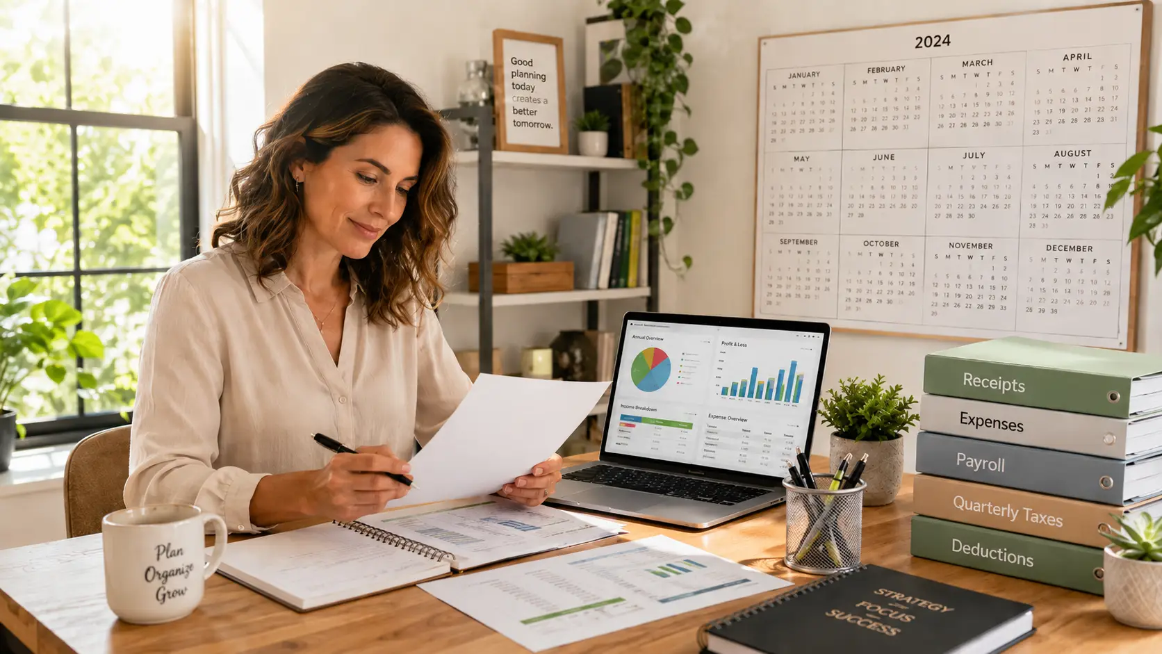 A business owner reviews tax reports beside a 2024 calendar, laptop charts, and labeled folders for receipts, payroll, deductions, and quarterly taxes.