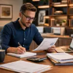 A focused accountant reviews tax documents and writes notes at a warm office desk beside a laptop, calculator, coffee mug, and stacked files.