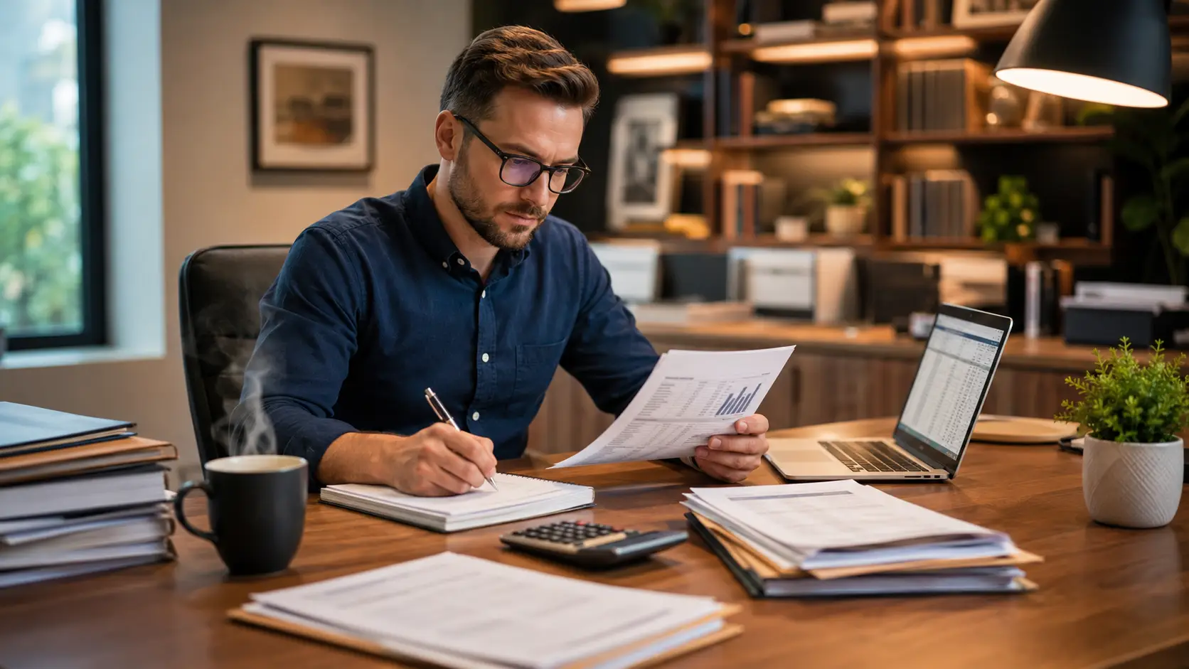 A focused accountant reviews tax documents and writes notes at a warm office desk beside a laptop, calculator, coffee mug, and stacked files.