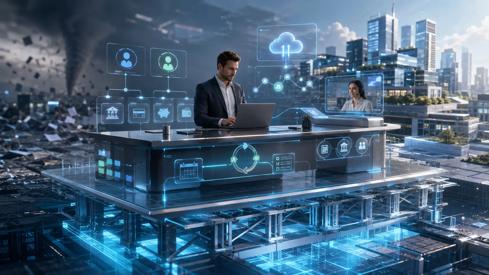 A businessman uses a laptop beside virtual accounting dashboards while a remote accountant appears on screen, with a stormy city behind him.
