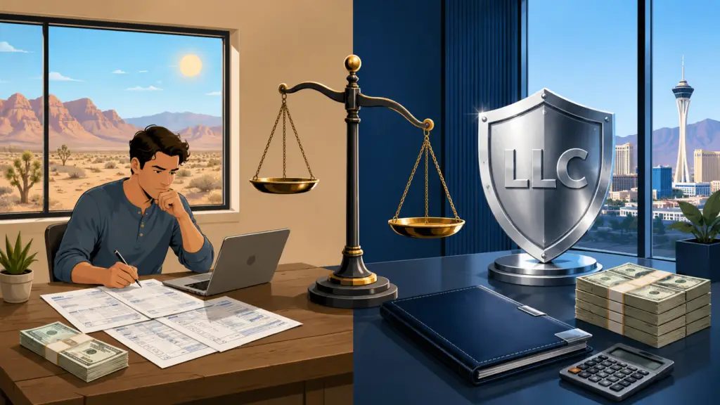 A man reviews business tax forms beside receipts and cash, while scales, an LLC shield, and the Las Vegas skyline suggest a Nevada tax choice.