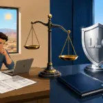 A man reviews business tax forms beside receipts and cash, while scales, an LLC shield, and the Las Vegas skyline suggest a Nevada tax choice.